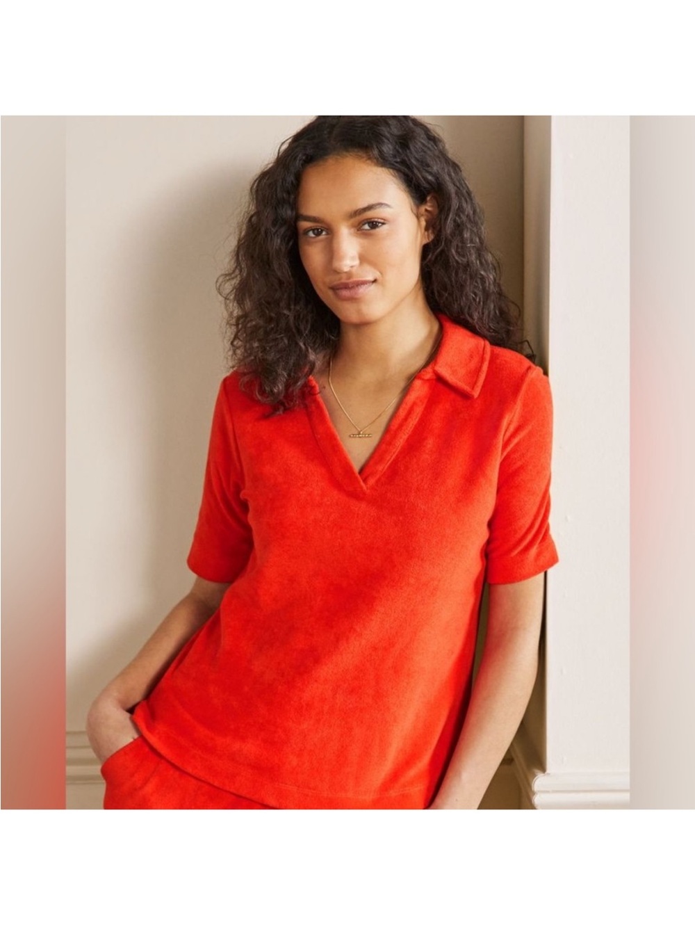 Boden Erica Terry Towelling Polo Top Orange Split V-Neck Size US 10 / UK 14